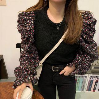 Floral Puff-sleeve Sweater Black - One Size