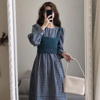 Long-sleeve Plaid A-line Dress / Sleeveless Top / Set