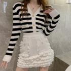 Striped Cardigan / Ruffle Trim Mini Skirt