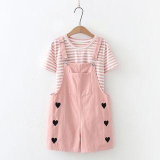 Set: Short-sleeve Striped Top + Heart Print Jumper Shorts