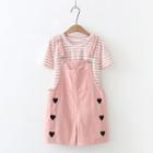 Set: Short-sleeve Striped Top + Heart Print Jumper Shorts