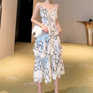 Spaghetti-strap Pattern Layer Pleated Dress