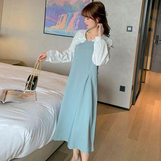 Mock Two-piece Lace Trim Collar Midi A-line Dress
