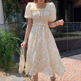 Smocked-waist Floral Print Dress Yellow - One Size