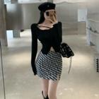 Long-sleeve Irregular Crop Top / Check Mini Pencil Skirt