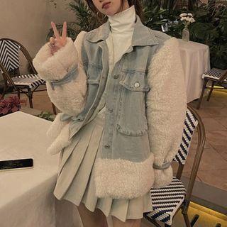 Denim Panel Single-breasted Fleece Jacket Blue & White - One Size