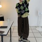 Elbow-sleeve T-shirt / Argyle Sweater Vest / Corduroy Straight Leg Pants