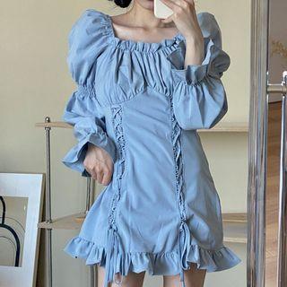 Puff-sleeve Square Neck Drawstring Slim-fit Mini Dress