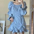 Puff-sleeve Square Neck Drawstring Slim-fit Mini Dress