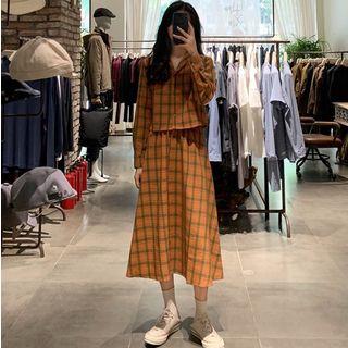 Lapel Plaid Shirt / A-line Skirt