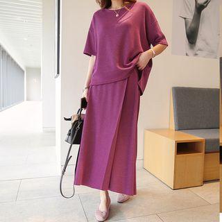 Set: Round-neck Dip-back Top + Band-waist Wrap-front Skirt