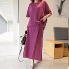Set: Round-neck Dip-back Top + Band-waist Wrap-front Skirt