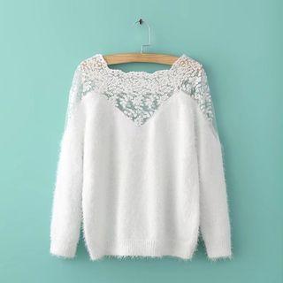 Lace-panel Furry Sweater