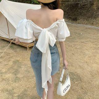 Off Shoulder Plain Bow Drawstring Cropped Top