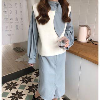 Tie Neck Long-sleeve Shirtdress / Plain Vest