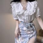 Short-sleeve Lace Trim Shirt / Floral Button-up Midi Pencil Skirt