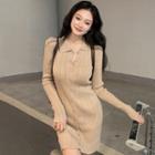 Polo-neck Single-breasted Knit Mini Bodycon Dress