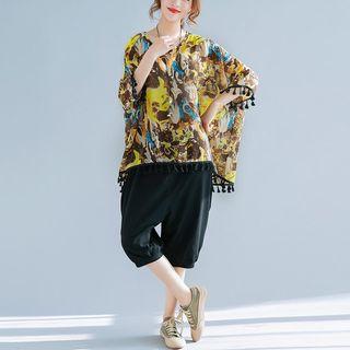 Printed Tasseled 3/4 Sleeve Chiffon T-shirt