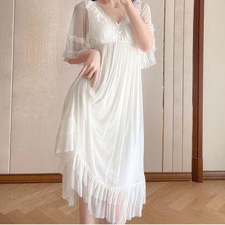 Elbow-sleeve V-neck Lace Trim Midi Sleep Dress