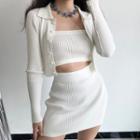 Set : Pinstripe Knit Tank Top + Cardigan + Skirt
