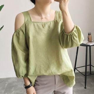 Open Shoulder Elbow-sleeve Linen Cotton Top