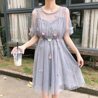 Set: Slipdress + Short-sleeve Floral Embroidered Mesh Dress
