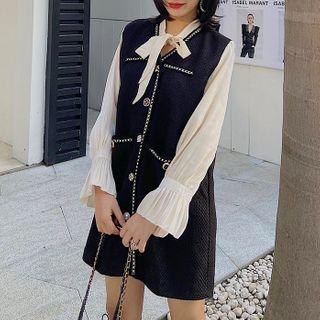 Long-sleeve Paneled Mini Shift Tweed Dress
