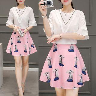 Set: Bell-sleeve Top + Printed A-line Skirt