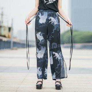 Printed Chiffon Slit-hem Pants