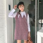Mock Two-piece Inset Long-sleeved Loose-fit Gingham Fringed Panel Sheath Dress