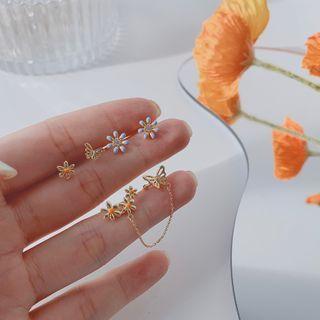Flower Stud Earring With Butterfly Ear Cuff 1 Set Of 5 Pcs - 925silver Earring - One Size