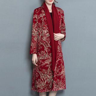 Printed Long Open-front Jacket With Scarf