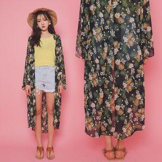 Beribboned Floral Pattern Long Cardigan