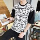 Elbow-sleeve Color Block Patterned T-shirt
