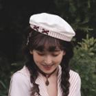 Striped Panel Beret Hat Stripes - White & Pink - One Size