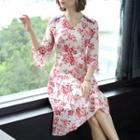 3/4-sleeve Floral A-line Asymmetric Dress