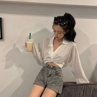 Long-sleeve Twist Tie-hem Cropped Blouse White - One Size
