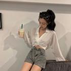 Long-sleeve Twist Tie-hem Cropped Blouse White - One Size