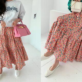 Floral Tiered Maxi Skirt Orange Red - One Size