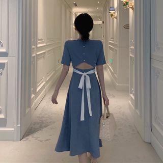 Open-back Square Neck Short-sleeve Dress