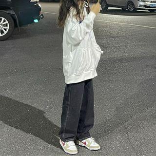 High-waist Embroider Letter Straight-cut Jeans