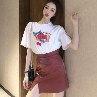 Set: Short-sleeve Tomato Print T-shirt + A-line Skirt