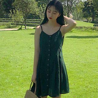 Buttoned Spaghetti-strap Mini A-line Dress