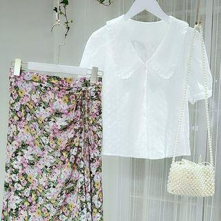 Collared Short-sleeve Eyelet Blouse