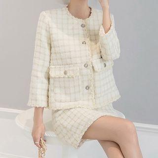 Set: 3/4-sleeve Tweed Jacket + Mini A-line Skirt