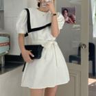 Puff-sleeve Contrast Trim Mini A-line Dress White - One Size