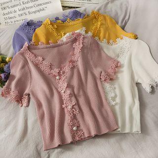 Lace-trim Short-sleeve Button-up Knit Top In 5 Colors