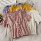 Lace-trim Short-sleeve Button-up Knit Top In 5 Colors