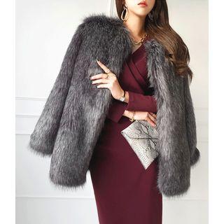 Open-front Eco-fur Jacket Charcoal Gray - One Size