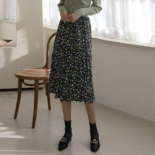 Crinkled Long Floral Skirt Dark Brown - One Size